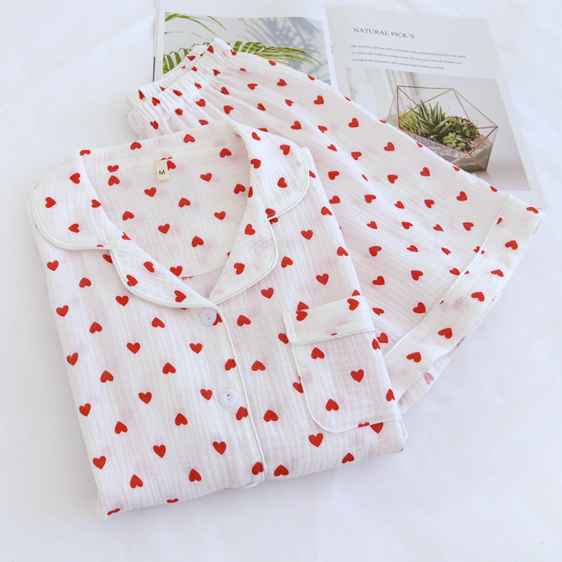 Summer Japanese Style Sweet Crepe Cotton Kimono Pajamas Lapel Cartoon Cute Printing Loose Loungewear Women 2 Piece Sleepwear