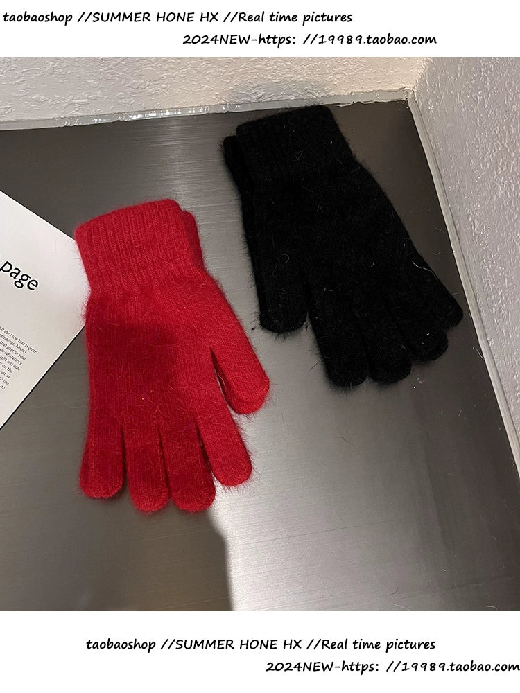 South Korea Ins Solid Color Cycling Gloves Student Cute Wild Cold-Proof Warm Finger Stuffed Knitted Gloves Female Winter