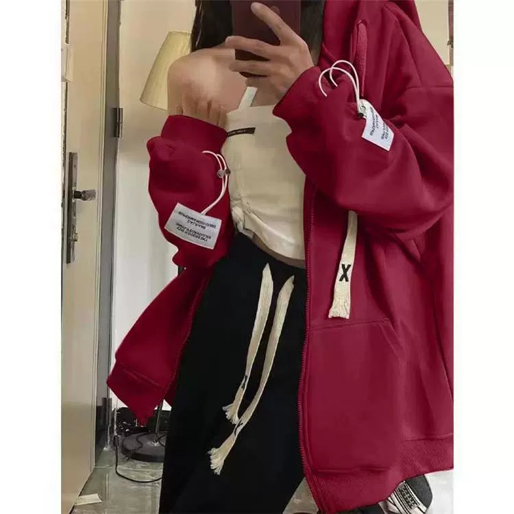 150.00kg Plus Size American Hooded Sweatshirt Female Plus Size Ladies Loose BF Idle Style Long-Sleeve Zipper Cardigan Outerwear Top