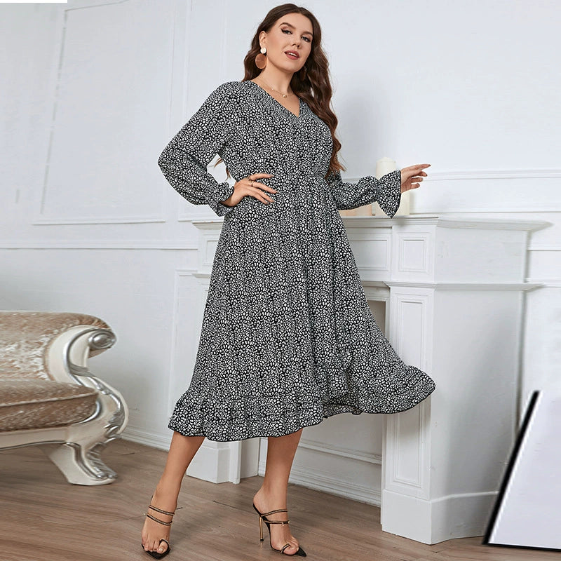 Vintage V-Neck Cinched Waist Long Sleeves Plus Size Dresses