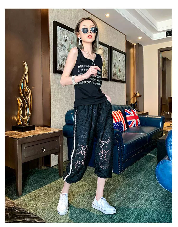 150.00kg Plus Size Heavy Industry Beaded Lace Casual Pants Plus Size Ladies Loose Fashion Thin Hollow Crochet Sports Pants