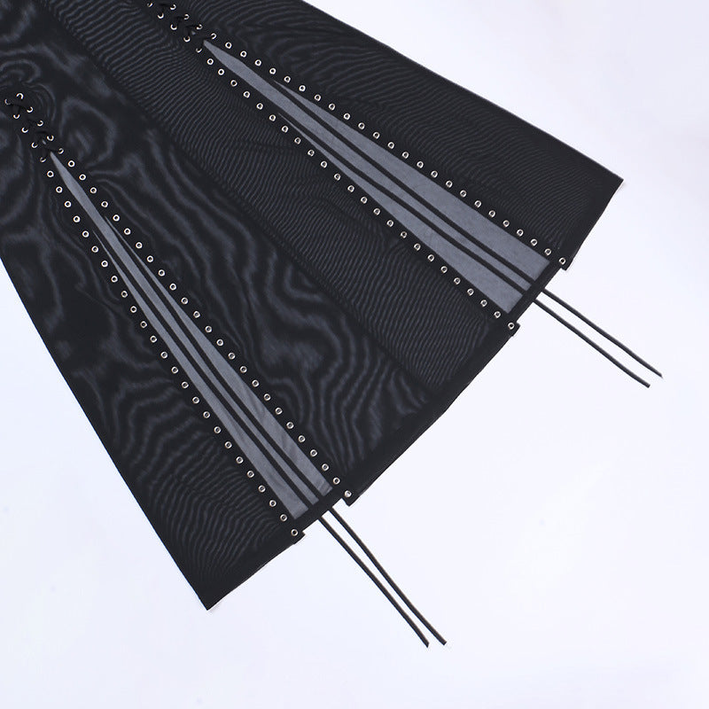 Yangelo Goth Grunge Skirt With Buckle Women Y2K Punk Sexy Bottoms Patchwork Split Long Skirts Summer Zipper See Through Clothes