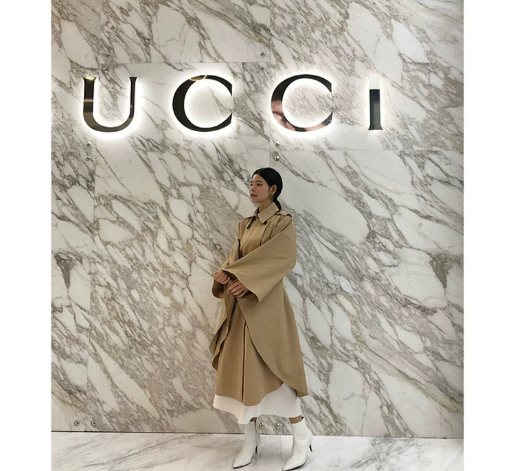 South Korea Genuine Goods Luxury Socialite Pure Color Double Breasted Lapel Lace-up Waist Cloak Shawl Long Trench Coat Large Nude Color Viralgem Store