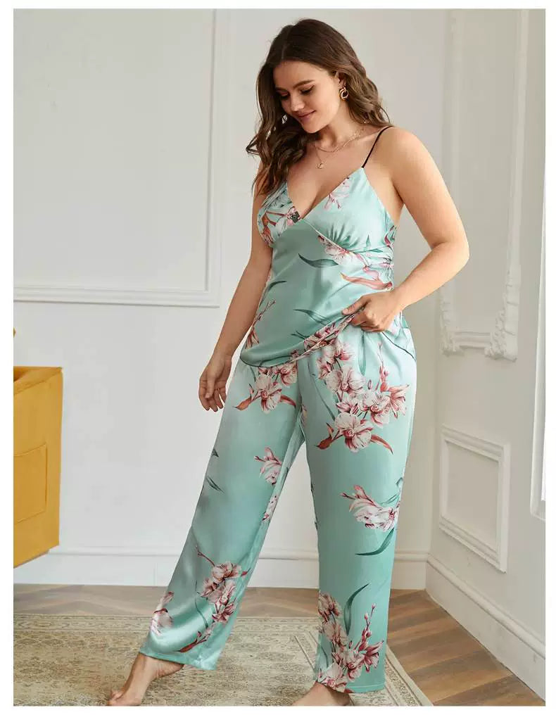 100.00kg Plus Size Ladies Plus Size Ice Silk Pajamas Fat Women plus Size Pajamas Set 2pcs 5x
