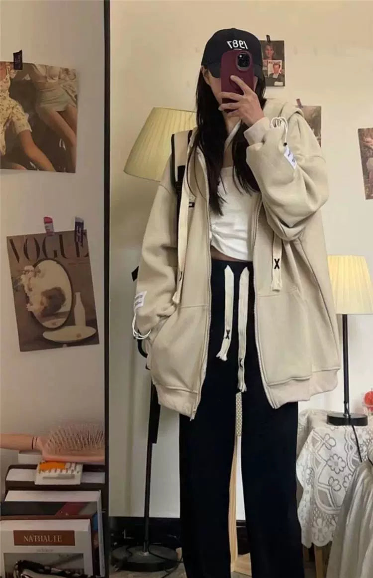 150.00kg Plus Size American Hooded Sweatshirt Female Plus Size Ladies Loose BF Idle Style Long-Sleeve Zipper Cardigan Outerwear Top