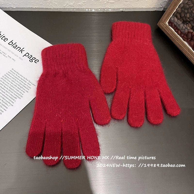 South Korea Ins Solid Color Cycling Gloves Student Cute Wild Cold-Proof Warm Finger Stuffed Knitted Gloves Female Winter