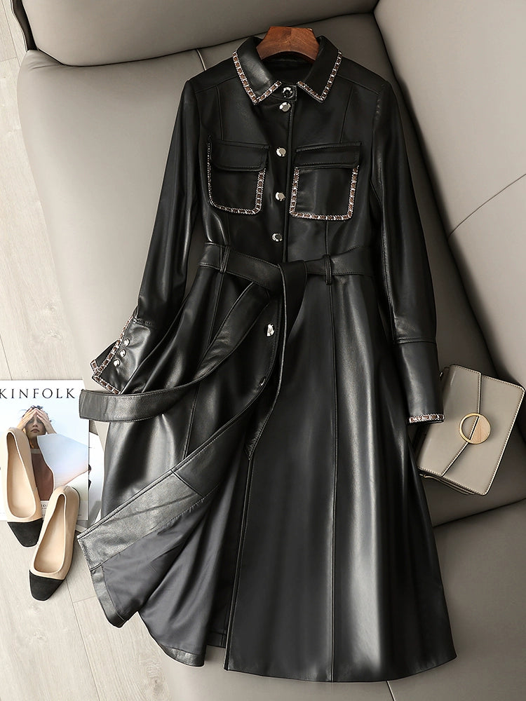 2024 Spring & Fall New Arrival Elegant Large Skirt Sheepskin Genuine Leather Clothes Mid Length Long Length Trench Coat Outwear Female Silm European Goods Viralgem Store