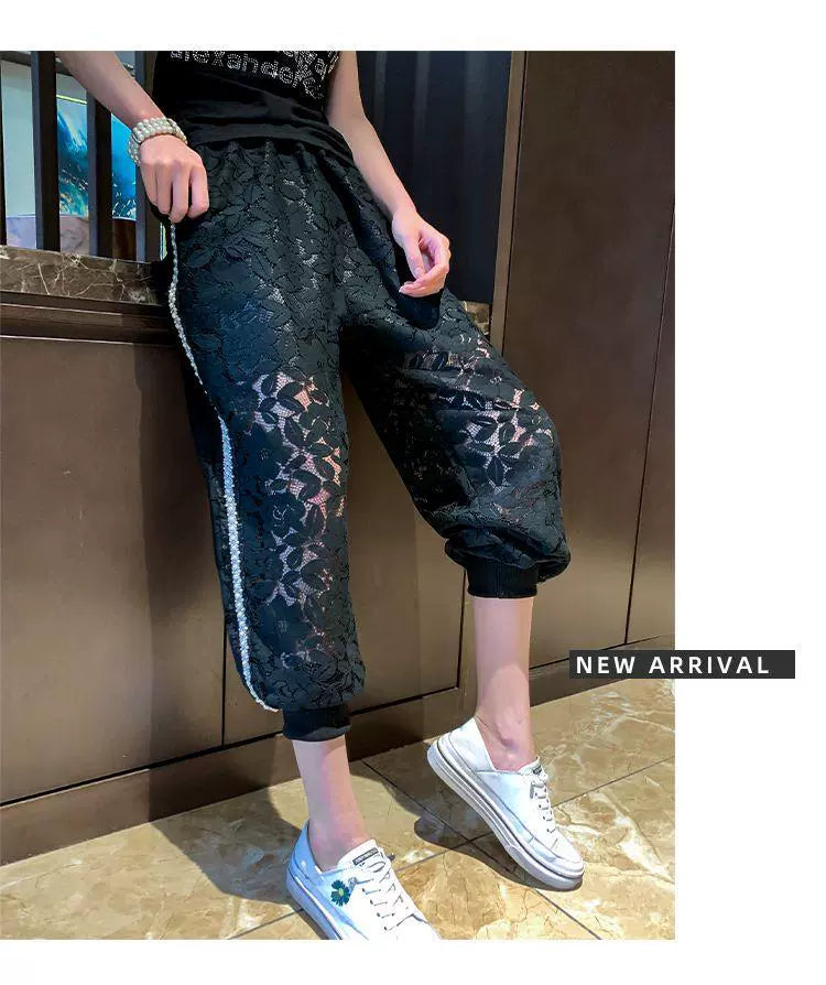 150.00kg Plus Size Heavy Industry Beaded Lace Casual Pants Plus Size Ladies Loose Fashion Thin Hollow Crochet Sports Pants