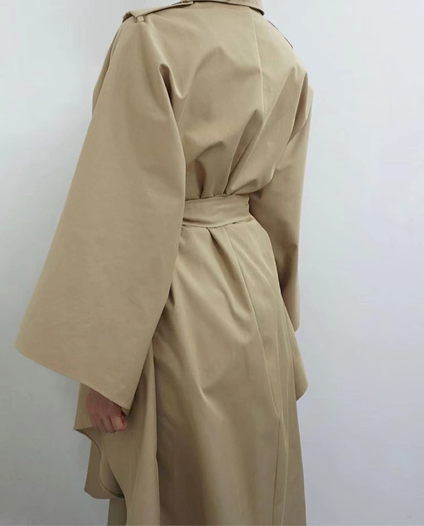 South Korea Genuine Goods Luxury Socialite Pure Color Double Breasted Lapel Lace-up Waist Cloak Shawl Long Trench Coat Large Nude Color Viralgem Store