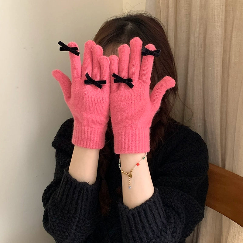 South Korea Cute Ins Style Women's Five-Finger Gloves Bow