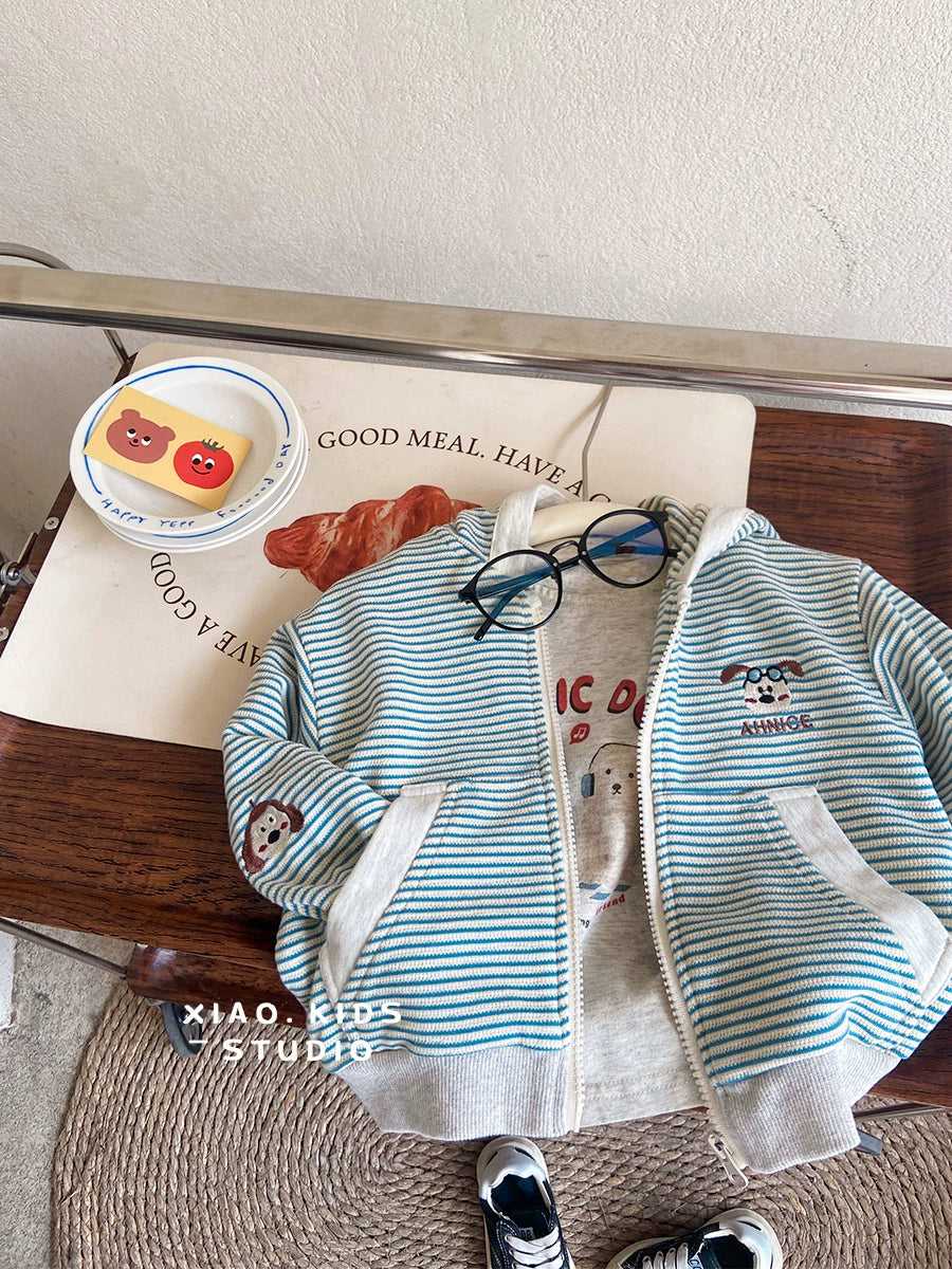 Stripes Knitting Hooded Spring and Autumn Pure Cotton Zipper Outwear