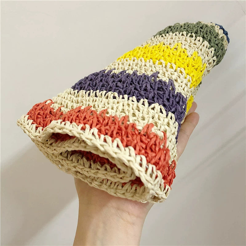 Women's Striped Sun Hat Summer Foldable Outing Straw Hat