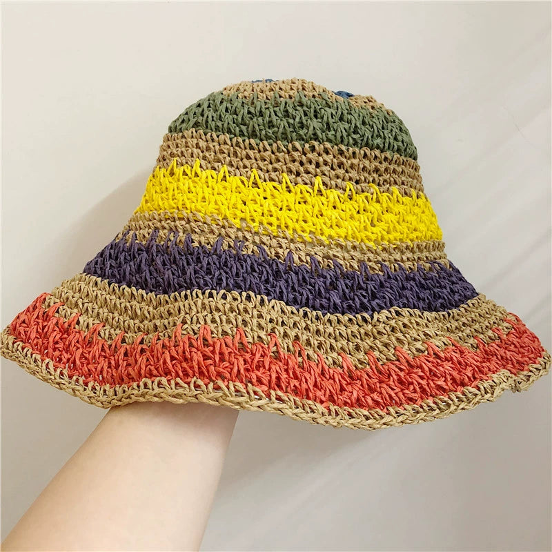 Women's Striped Sun Hat Summer Foldable Outing Straw Hat