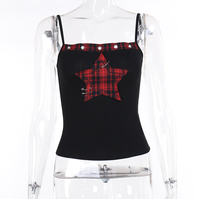 AltGoth Streetwear Y2k Camis Women Aesthetic Mall Goth Red Plaid Pentagram Patchwork Crop Tank Tops Harajuku Cyber Punk Clothes