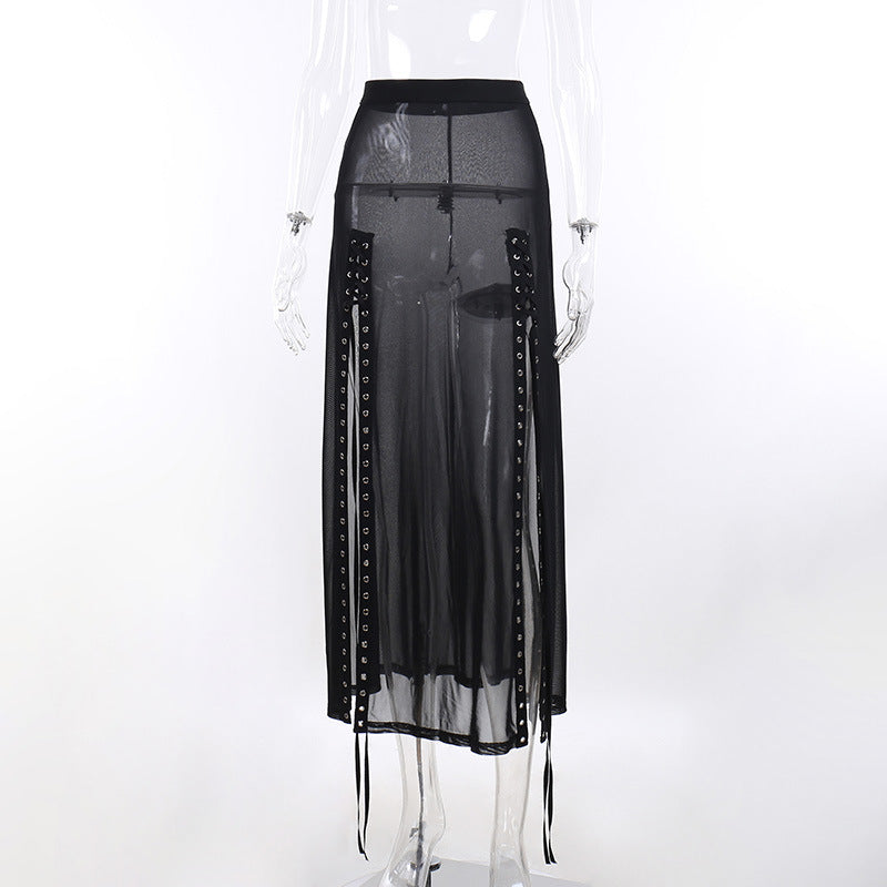 Yangelo Goth Grunge Skirt With Buckle Women Y2K Punk Sexy Bottoms Patchwork Split Long Skirts Summer Zipper See Through Clothes