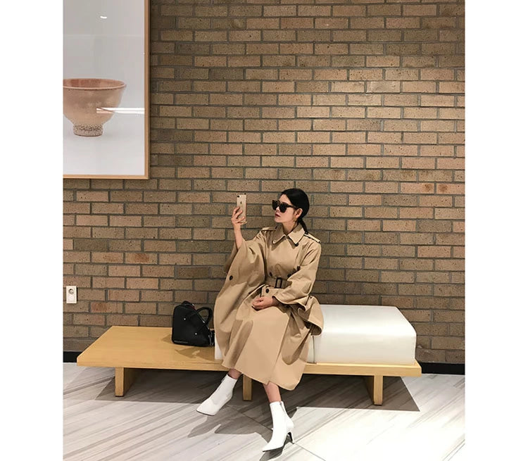 South Korea Genuine Goods Luxury Socialite Pure Color Double Breasted Lapel Lace-up Waist Cloak Shawl Long Trench Coat Large Nude Color Viralgem Store
