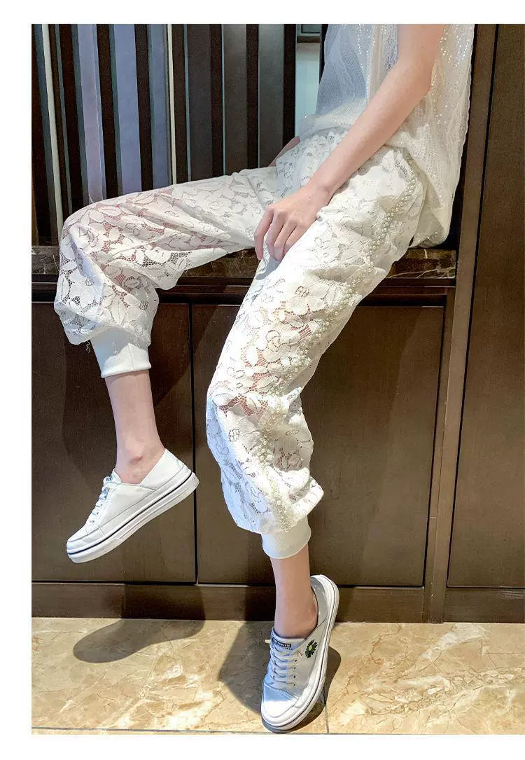 150.00kg Plus Size Heavy Industry Beaded Lace Casual Pants Plus Size Ladies Loose Fashion Thin Hollow Crochet Sports Pants