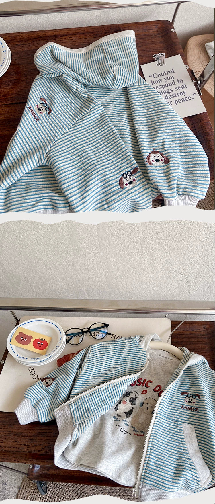 Stripes Knitting Hooded Spring and Autumn Pure Cotton Zipper Outwear