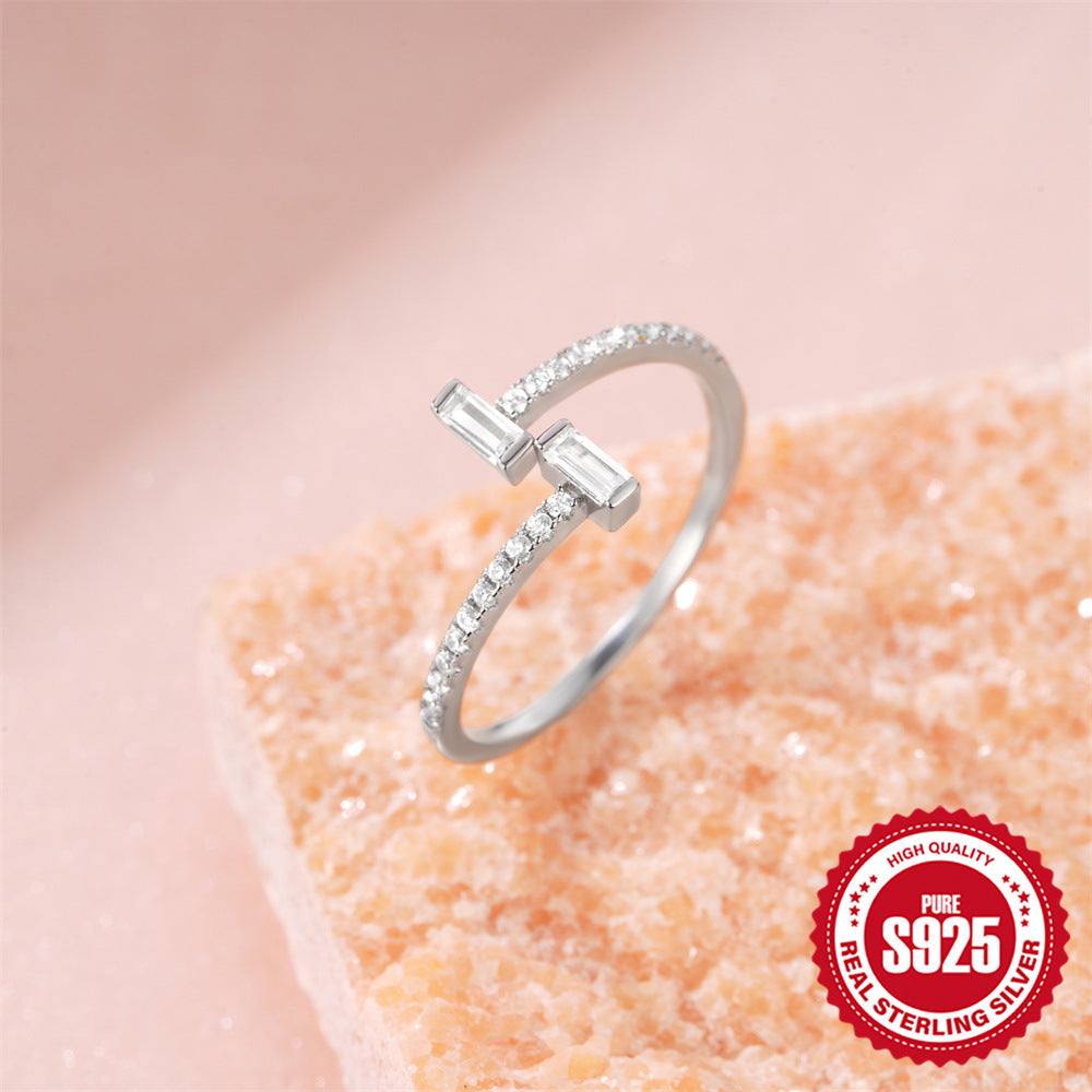925 Sterling Silver Letter Zircon Light Luxury High-grade Open Ring
