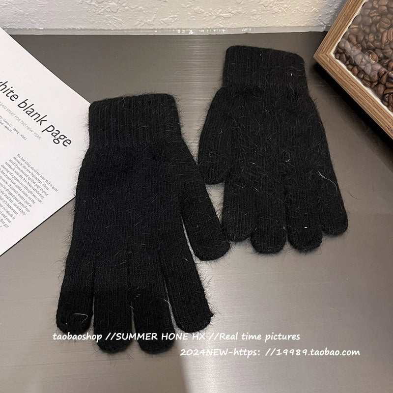 South Korea Ins Solid Color Cycling Gloves Student Cute Wild Cold-Proof Warm Finger Stuffed Knitted Gloves Female Winter