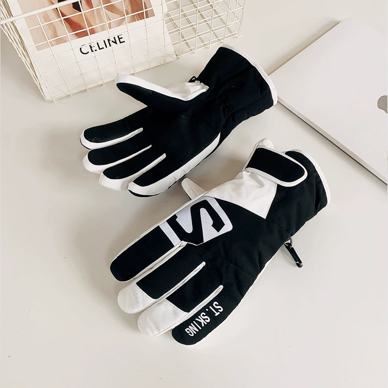 Waterproof Ski Gloves for Women Winter Fleece-Lined Thickened Cotton Students Warm-Keeping Cold-Proof Windproof Touch Screen Cycling Motorcycle Men