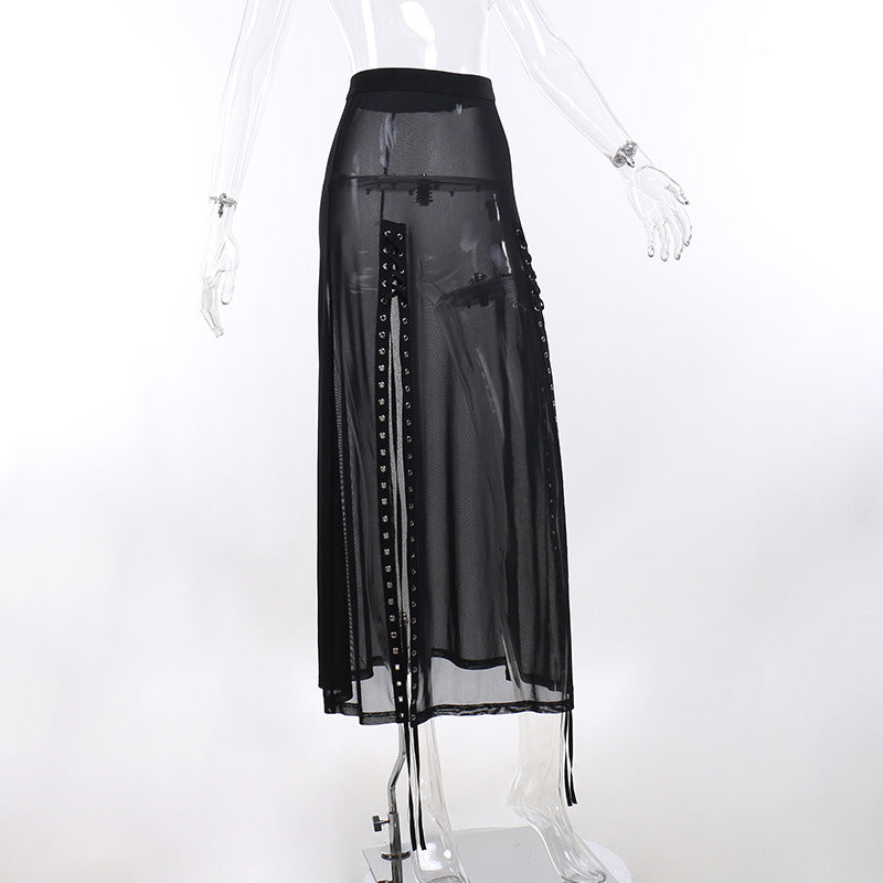Yangelo Goth Grunge Skirt With Buckle Women Y2K Punk Sexy Bottoms Patchwork Split Long Skirts Summer Zipper See Through Clothes
