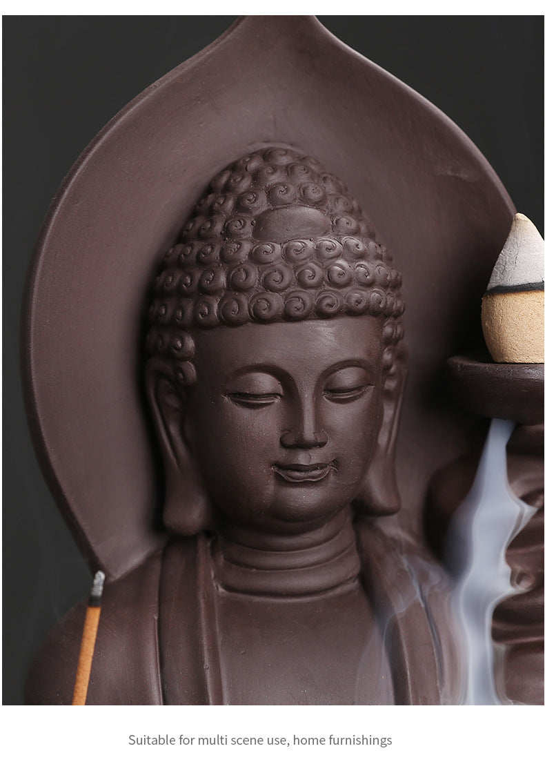 1Pc Auspicious Clouds Buddha Purple Clay Backflow Incense Burner Incense Stick Holder Home Office Tea House Decorate -No Incense