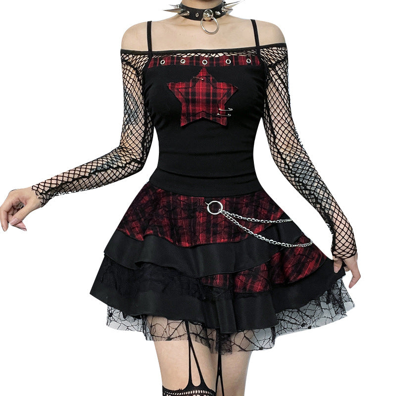 AltGoth Streetwear Y2k Camis Women Aesthetic Mall Goth Red Plaid Pentagram Patchwork Crop Tank Tops Harajuku Cyber Punk Clothes