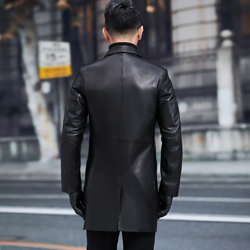 2024 New Arrival Haining Genuine Leather Clothes Men's Mid Length Long Length Trench Coat Fur Outwear Silm K-style Suit Collar Leather Jacket