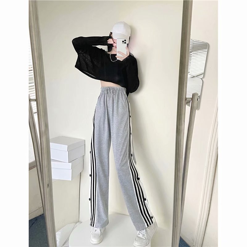 Y2K Style Wide Leg Pants for Women, Straight Trousers, High Street Casual, Loose Side Button Sweatpants, Vintage Streetwear,2021