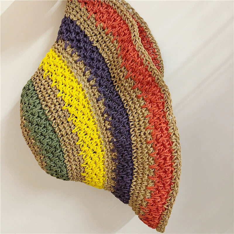 Women's Striped Sun Hat Summer Foldable Outing Straw Hat