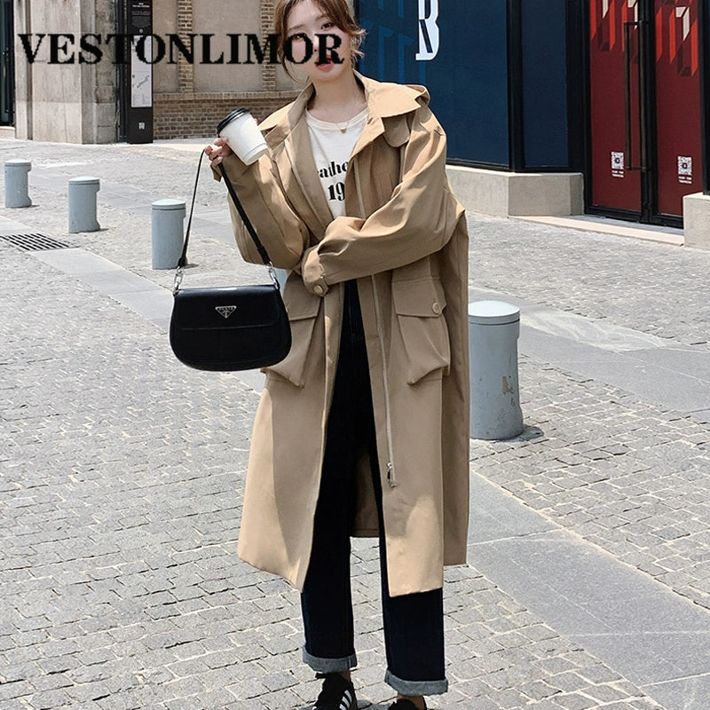 Vestonlimor Fall New Arrival K-style French British Style Elegant Slimming Hooded Mid Length Long Length Trench Coat Outwear