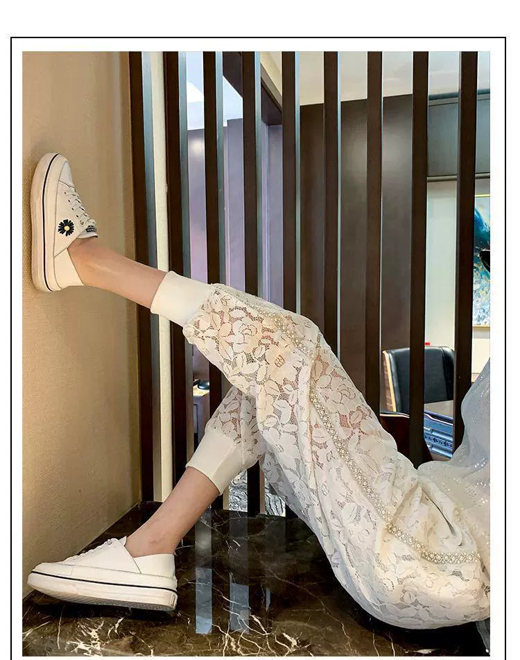 150.00kg Plus Size Heavy Industry Beaded Lace Casual Pants Plus Size Ladies Loose Fashion Thin Hollow Crochet Sports Pants