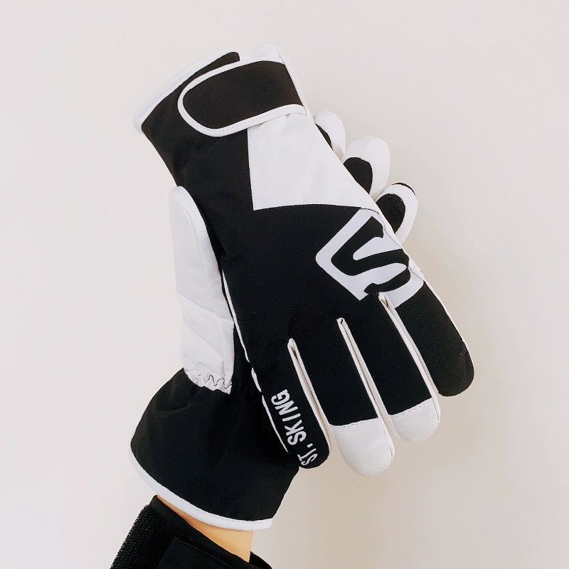 Waterproof Ski Gloves for Women Winter Fleece-Lined Thickened Cotton Students Warm-Keeping Cold-Proof Windproof Touch Screen Cycling Motorcycle Men