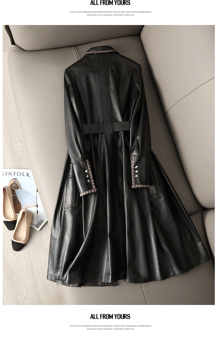 2024 Spring & Fall New Arrival Elegant Large Skirt Sheepskin Genuine Leather Clothes Mid Length Long Length Trench Coat Outwear Female Silm European Goods Viralgem Store