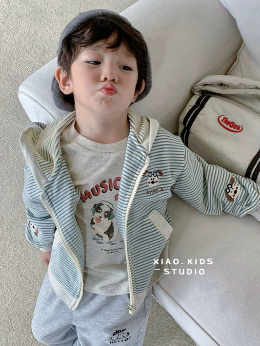 Stripes Knitting Hooded Spring and Autumn Pure Cotton Zipper Outwear