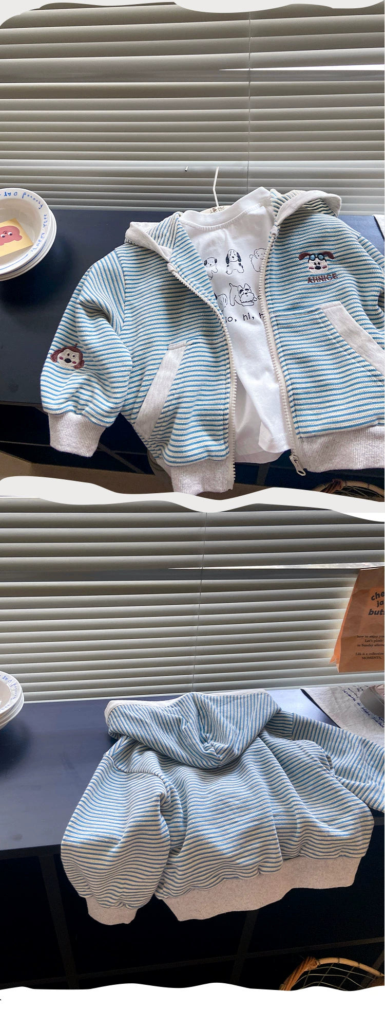 Stripes Knitting Hooded Spring and Autumn Pure Cotton Zipper Outwear