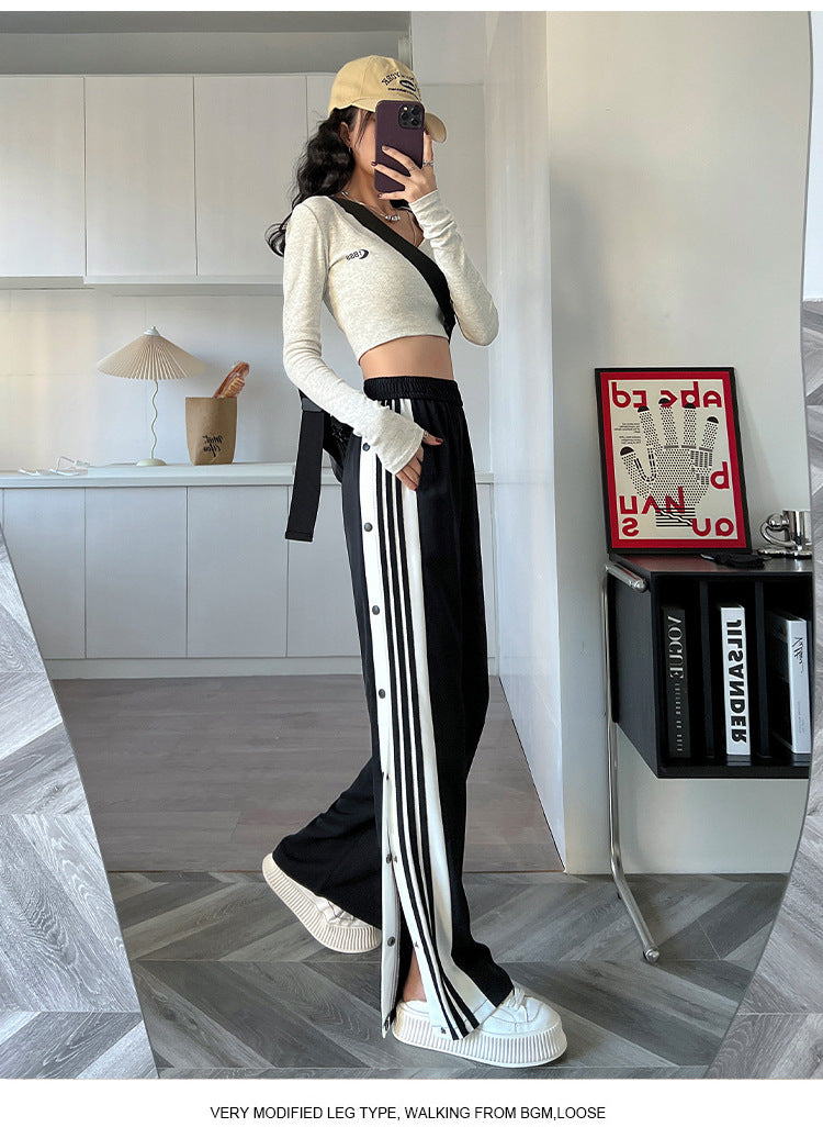 Y2K Style Wide Leg Pants for Women, Straight Trousers, High Street Casual, Loose Side Button Sweatpants, Vintage Streetwear,2021
