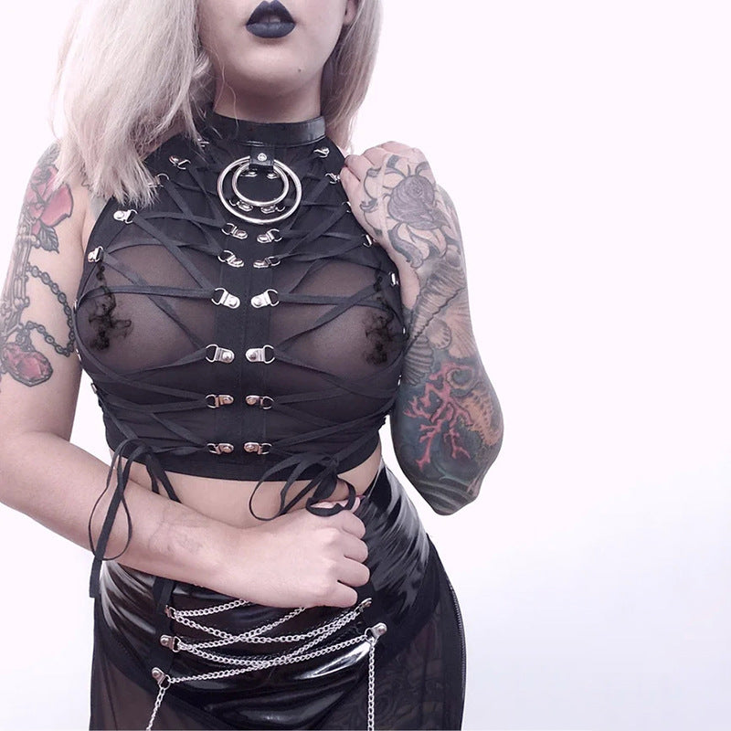 Yangelo Goth Grunge Skirt With Buckle Women Y2K Punk Sexy Bottoms Patchwork Split Long Skirts Summer Zipper See Through Clothes