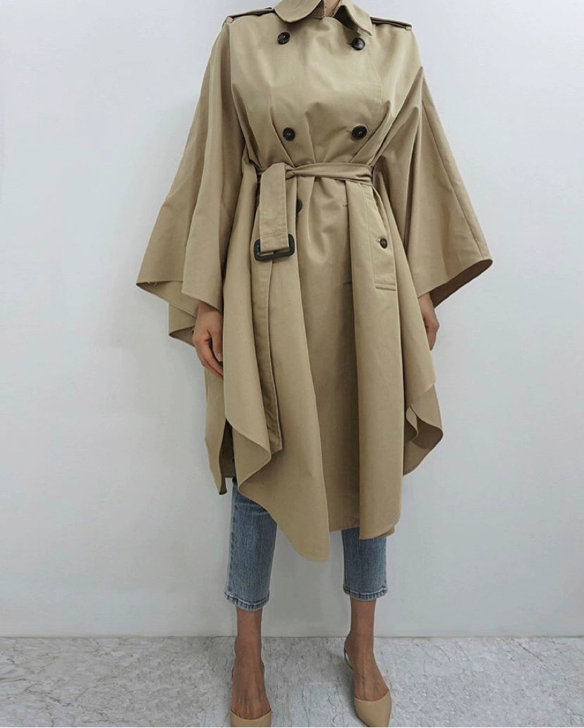 South Korea Genuine Goods Luxury Socialite Pure Color Double Breasted Lapel Lace-up Waist Cloak Shawl Long Trench Coat Large Nude Color Viralgem Store