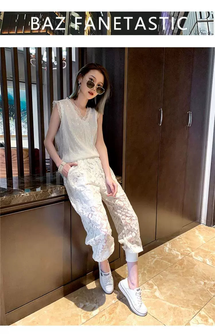 150.00kg Plus Size Heavy Industry Beaded Lace Casual Pants Plus Size Ladies Loose Fashion Thin Hollow Crochet Sports Pants