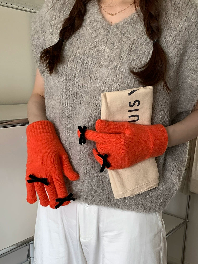 South Korea Cute Ins Style Women's Five-Finger Gloves Bow