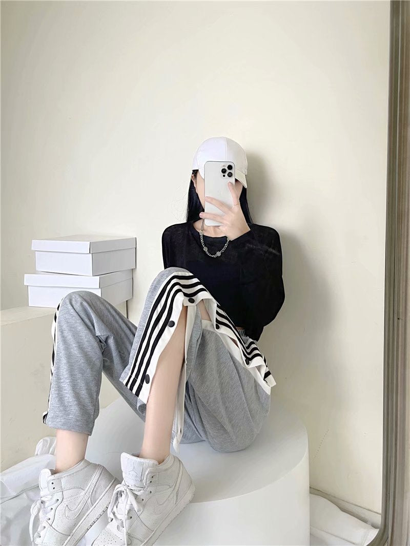 Y2K Style Wide Leg Pants for Women, Straight Trousers, High Street Casual, Loose Side Button Sweatpants, Vintage Streetwear,2021