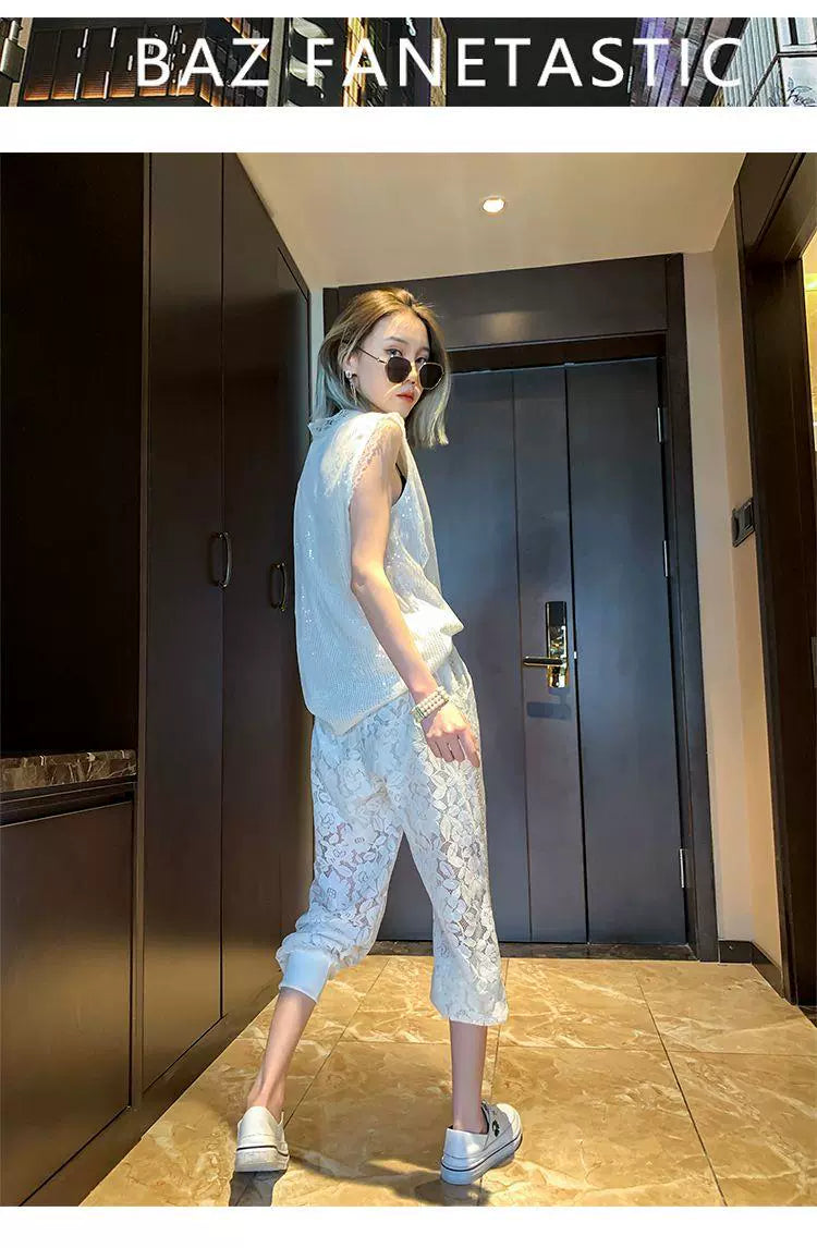 150.00kg Plus Size Heavy Industry Beaded Lace Casual Pants Plus Size Ladies Loose Fashion Thin Hollow Crochet Sports Pants