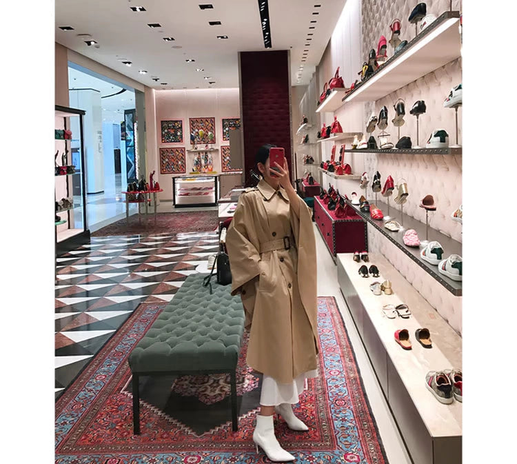 South Korea Genuine Goods Luxury Socialite Pure Color Double Breasted Lapel Lace-up Waist Cloak Shawl Long Trench Coat Large Nude Color Viralgem Store