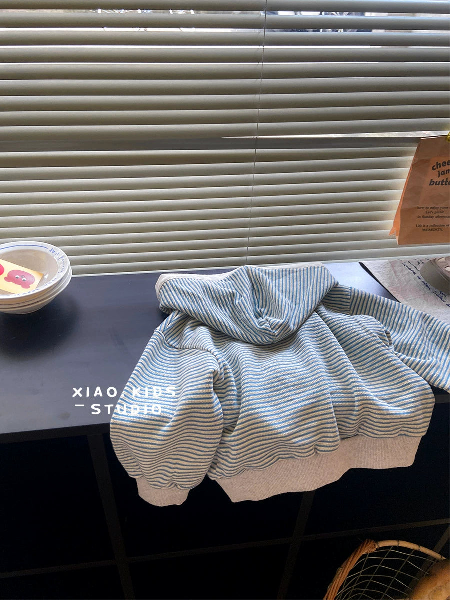 Stripes Knitting Hooded Spring and Autumn Pure Cotton Zipper Outwear