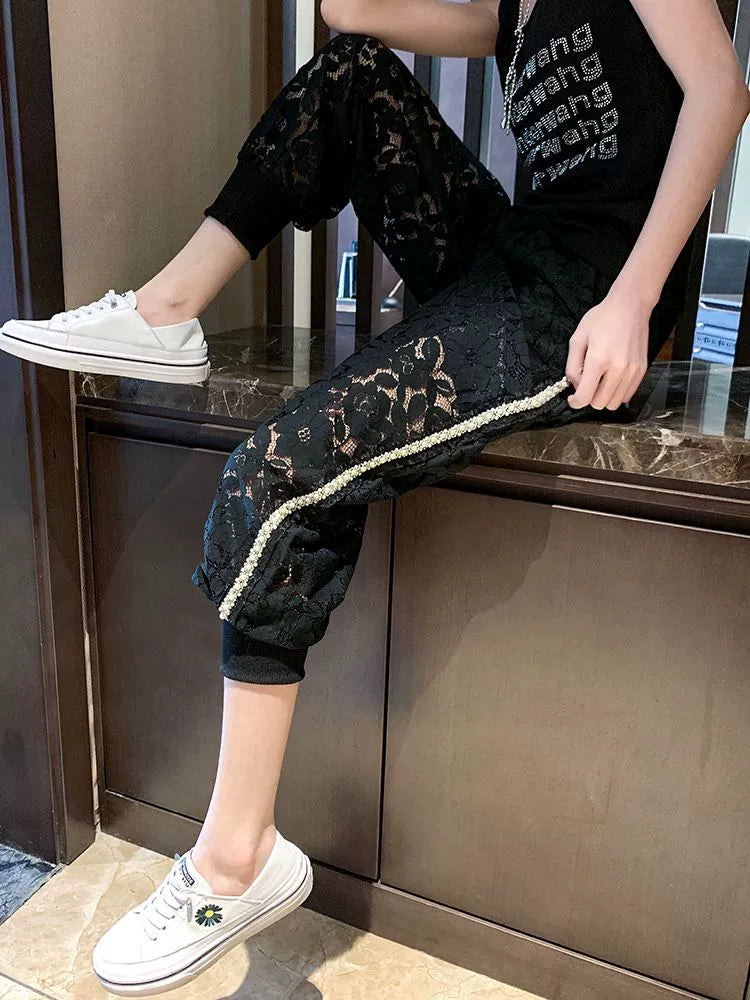 150.00kg Plus Size Heavy Industry Beaded Lace Casual Pants Plus Size Ladies Loose Fashion Thin Hollow Crochet Sports Pants