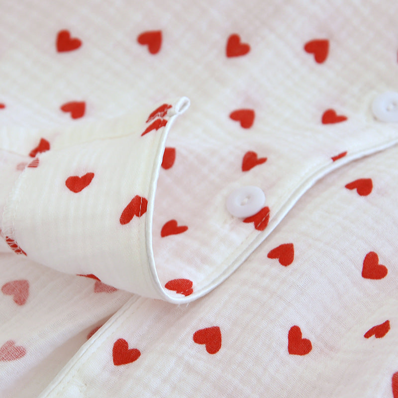 Summer Japanese Style Sweet Crepe Cotton Kimono Pajamas Lapel Cartoon Cute Printing Loose Loungewear Women 2 Piece Sleepwear