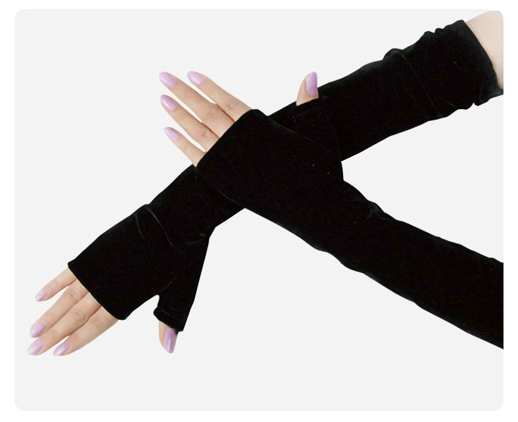 Women's Velvet Open Finger Black Oversleeve Leather Gloves