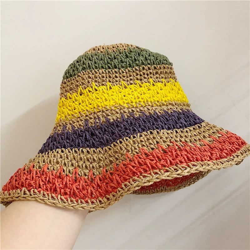 Women's Striped Sun Hat Summer Foldable Outing Straw Hat